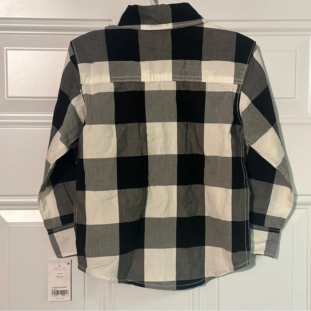Carter's Boys White & Black Plaid Long Sleeve Button Down Shirt NWT